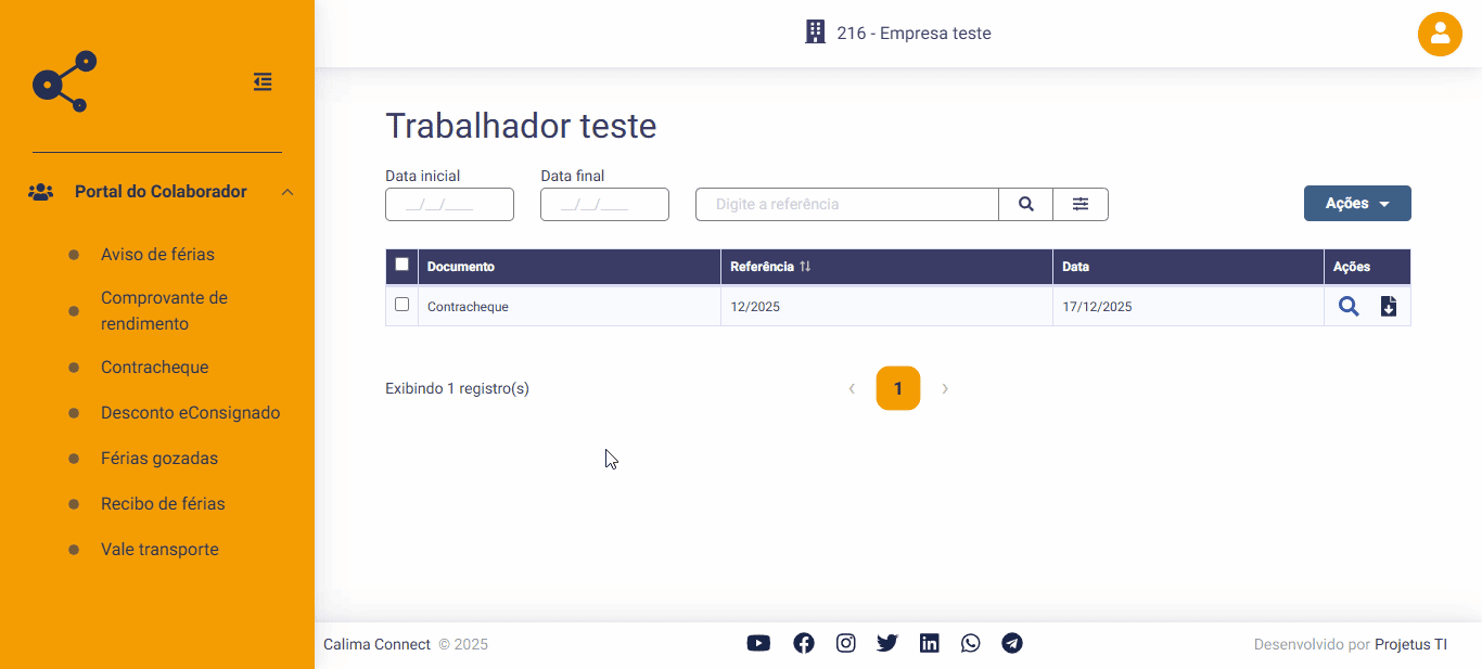 Portal do Colaborador do Calima em uso
